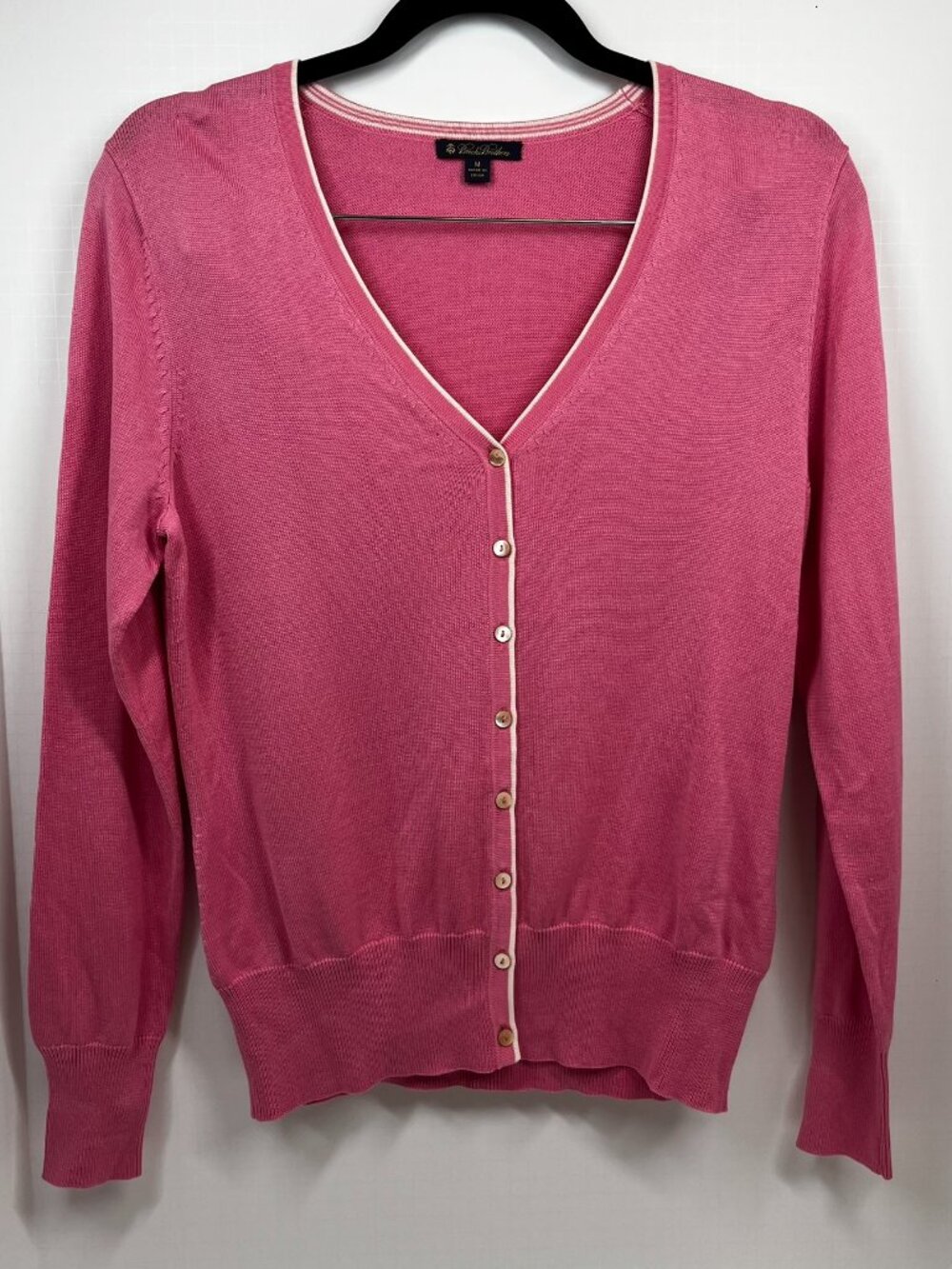 Brooks Brothers Pink with White trimmed Silk and Cotton Blend V-neck Cardigan